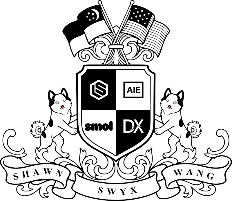 Personal coat of arms with Singapore and US flags, a shield bearing Latent Space, AI Engineer, smol and DX marks, two dogs, and a Shawn swyx Wang banner